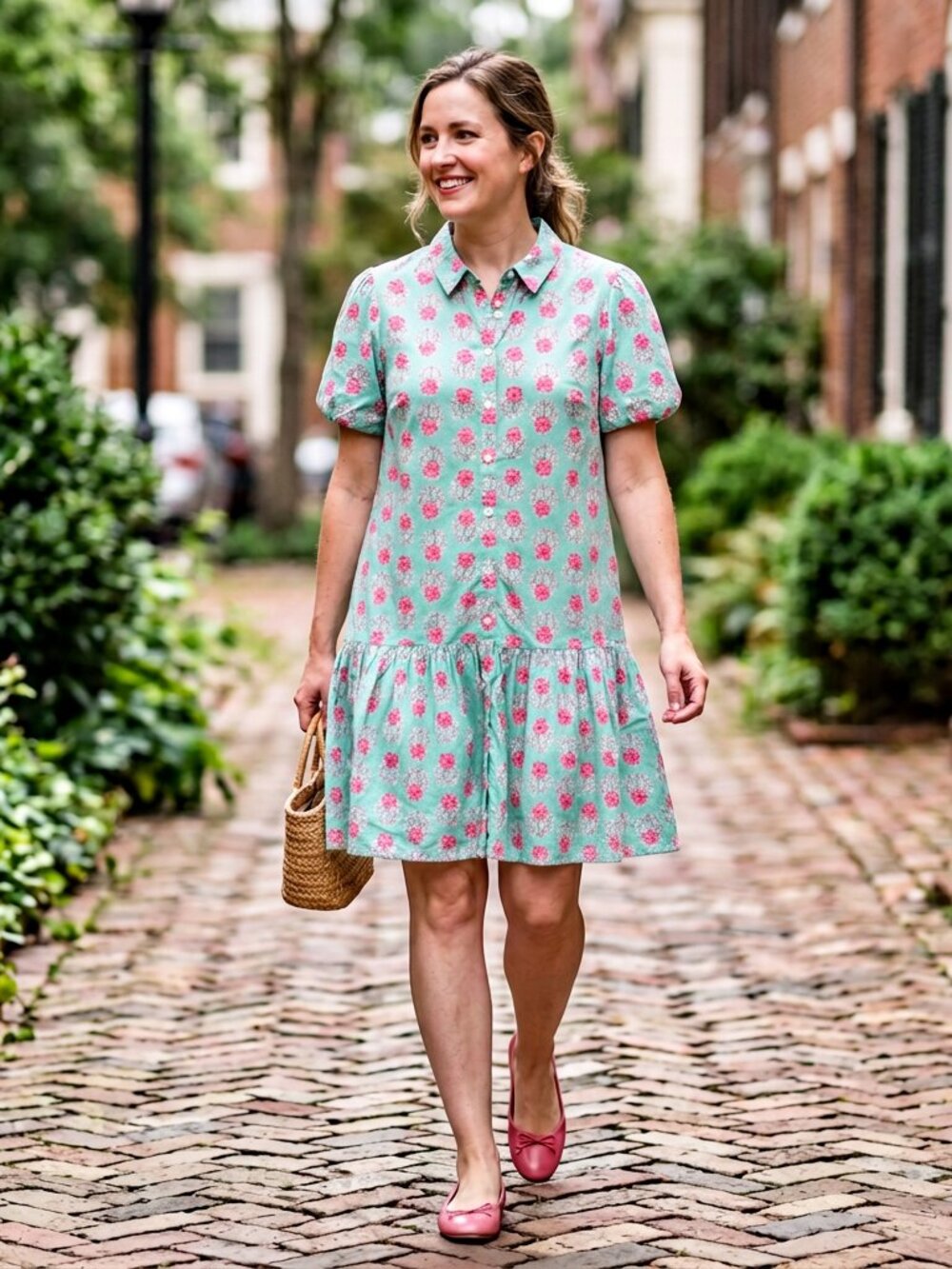 J. Crew Factory Green & Pink Floral Block Print Drop Waist Dress - Size 14